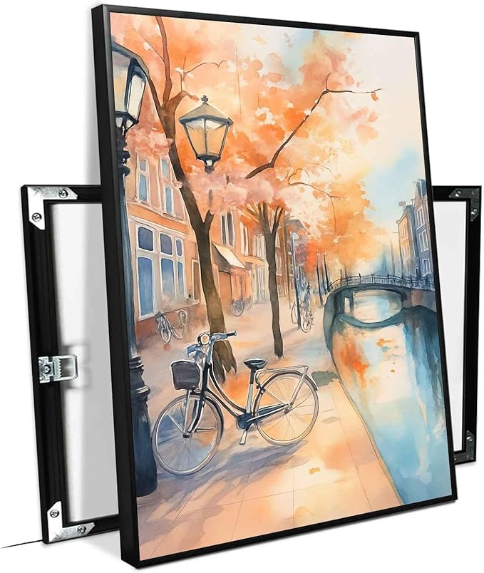 Framed Canvas Prints Amsterdam Canal Bikes Watercolor Painting Netherlands Wall Art Print Amsterdam Cityscape Travel Poster Europe Art Print 8x12in-Black-Metal-Framed
