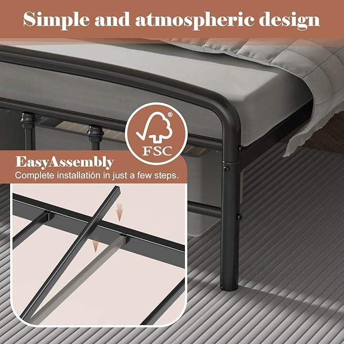 Queen Platform Bed Frame with Headboard, No Squeak & 1500lbs Heavy Duty Support | Queen Bed Frame No Box Spring Needed| Tool-Free 20-Min Assembly, No Box Spring Needed, Underbed Storage