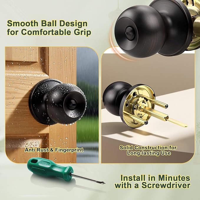 1 Pack Door Knobs Interior, Keyless Antique Door Knobs for Bathroom and Bedroom, Oil Rubbed Bronze Door Knob, Vintage Round Ball Design and Durable Finish