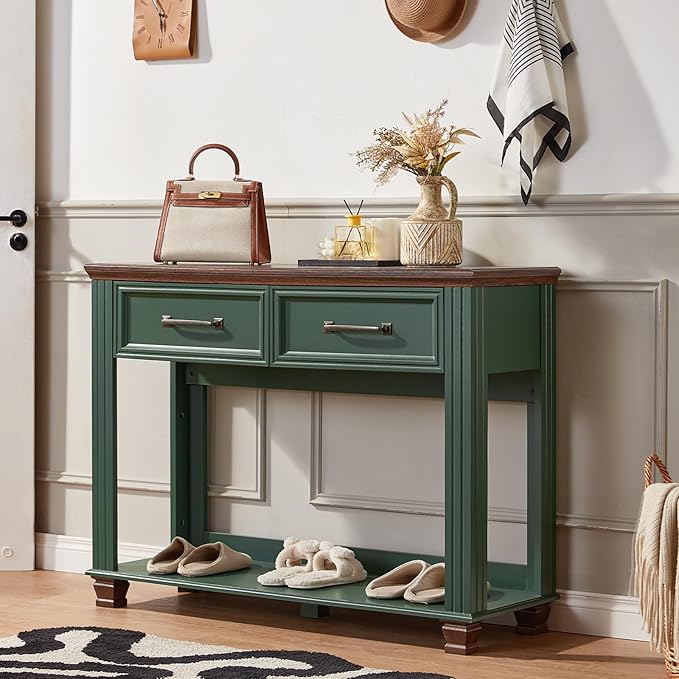 Farmhouse 46" Console Table with 2 Drawers, Rustic Wood 2 Tier Entryway Table with Open Storage Shelf for Entry, Large Mid-Century Vintage Sofa Tables Behind Couch for Living Room, Green
