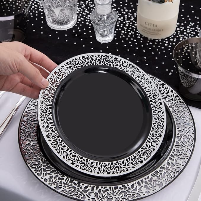 NOCCUR 210PCS Black and Silver Dinnerware Set for 30 Guests - Black Plastic Plates with Silver Rim Include 30 Dinner / 30 Dessert Plates, 30 Prewrapped Silverware, 30 Cups Ideal for Party/New Year