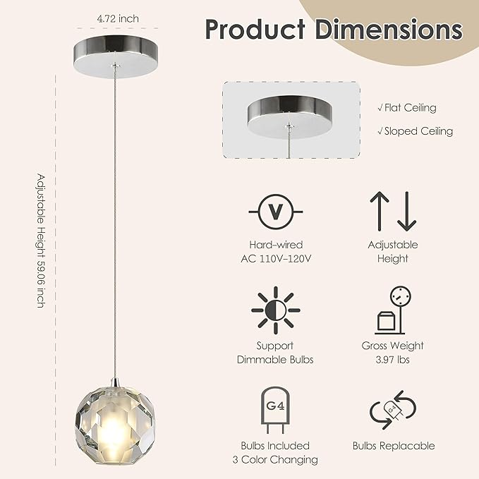 1-Light Chrome Pendant Light Kitchen Island, Multi-facted Small Crystal Pendant Light Fixture, Adjustable Hanging Pendant Lighting for Dining Room Bathroom Vanity