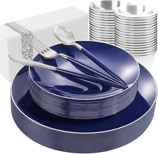 KIRE 175Pcs Blue Plastic Plates with Silver Rim & Disposable Silverware with Blue Handle & Silver-rim Cups & Hand Napkin & Plastic Dinnerware for Hanukkah/Parties/Wedding