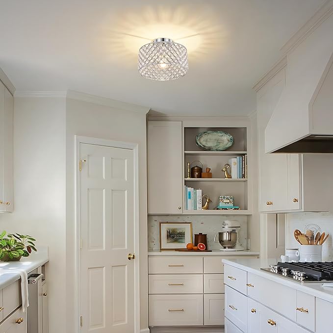 Chrome Crystal Ceiling Light Fixture,Modern Semi Flush Mount Ceiling Lighting Fixture,Round Small Chandelier for Dining Room, Hallway, Entryway, Kitchen, Bedroom,Foyer,1 Light,11.2 inch