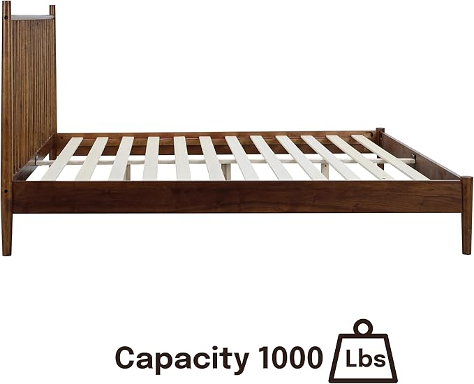 NTC Inno Wooden Bed Frame with Headboard, Solid Oak and Rubber Wood Foundation with Silent Slats and Wood Central Supports, 1000 Lb Capacity, Effortless Assembly, Queen - Dark Walnut