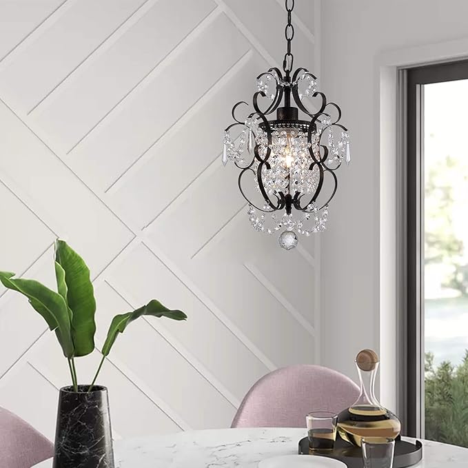 Mini Bronze Chandelier (1 Light,11-Inch),Small Chandelier Crystal Ceiling Light Fixture for Bedroom,Girls Room,Bathroom,Closet