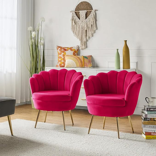 HULALA HOME Modern Velvet Accent Chairs Set of 2 with Shell Shaped Back, Cute Living Room Bedroom Armchairs with Gold Legs, Comfy Upholstered Vanity Chairs for Makeup Room, Fushia