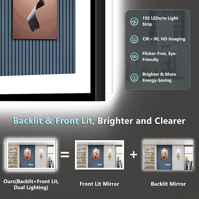 60x36 Black Framed LED Bathroom Mirror with Lights, Backlit and Front Lit Anti-Fog Lighted Vanity Mirror for Bathroom Wall, 3 Colors, Dimmable, Memory, Shatter-Proof, HD Tempered Glass