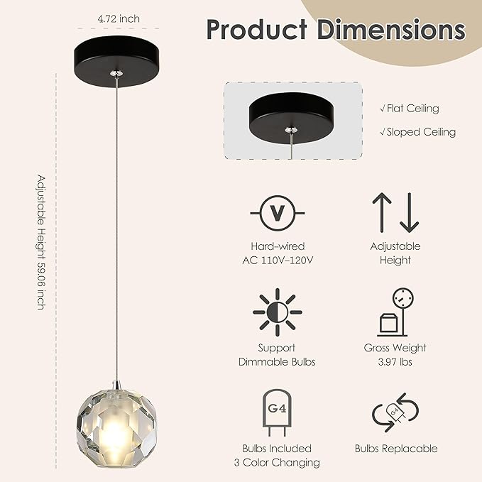 1-Light Black Pendant Light Fixture, Multi-facted Small Crystal Pendant Kitchen Island Light, Adjustable Hanging Pendant Lighting for Dining Room Bathroom Vanity
