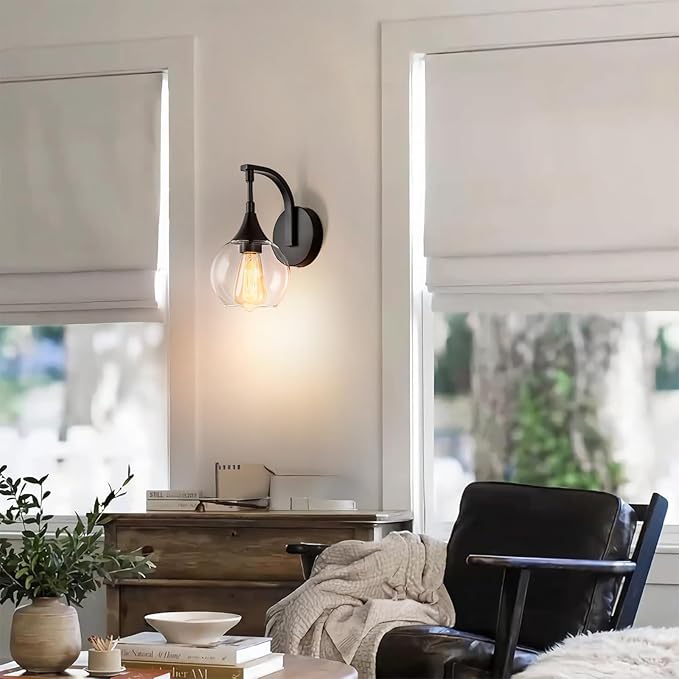 1-Light Bathroom Wall Sconces,Matte Black Sconces Wall Lighting with Clear Glass Shade,Modern Vanity Light Fixtures,Indoor Lamp Wall Mount Light for Mirror, Bedroom