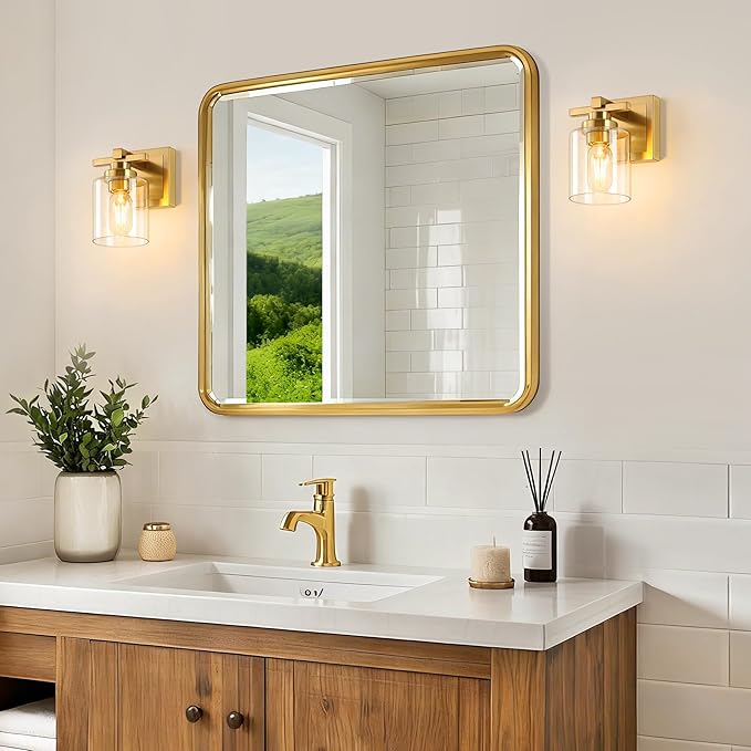 1 Light Modern Bathroom Light Fixtures Over Mirror, Brass Finish Vanity Lights for Bathroom Wall Sconces with Clear Glass Shades, E26 Socket (Bulbs Not Included)