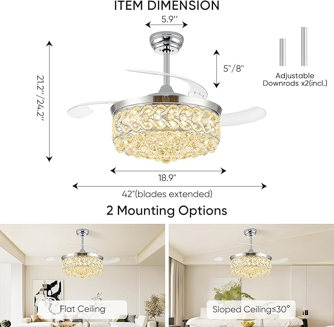42 inch Crystal Fandelier Ceiling Fan with Light, Retractable Chandelier Ceiling Fan with Lights and Remote for Bedroom Living Room, LED Dimmable, Quiet DC Motor