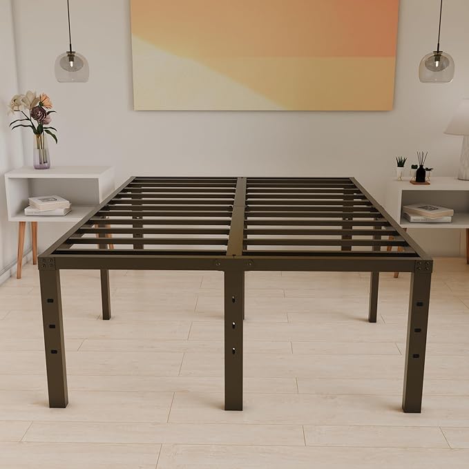 20 Inch Queen Size Bed Frame, No Box Spring Needed, Heavy Duty Black Metal Platform Mattress Foundation with Steel Slats, Non-Slip Noise Free Easy Assembly, Large Storage