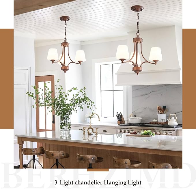3-Light Oil Rubbed Bronze Chandelier for Dining Room Farmhouse Pendant Light Fixture with Frosted Glass Rustic Ceiling Lighting Modern Hanging Lamp for Kitchen Island Entryway, 47.2" Height Adjustable