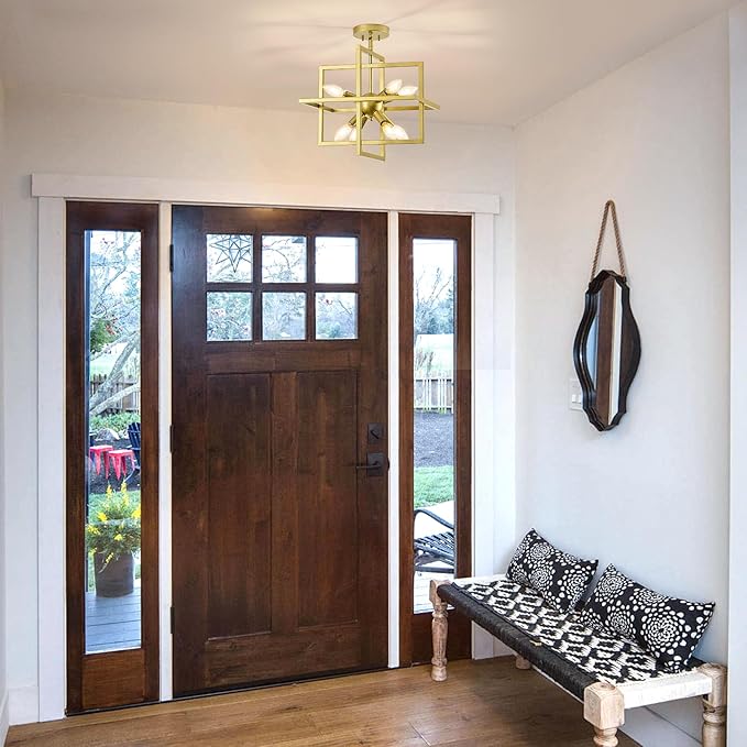 Modern Small Square Gold Chandelier, 8-Light Farmhouse Geometric Pendant Lighting Fixtures, Industrial Lantern Hanging Chandelier for Kitchen Dining Room Foyer Entryway