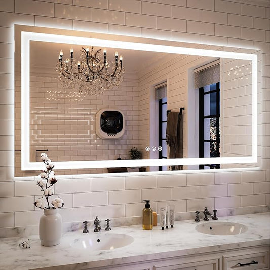 ISKM 60'' x 28'' LED Mirror for Bathroom Lighted Vanity Mirror for Wall Front Lights + Backlit LED Bathroom Mirror Anti-Fog Tempered Glass ETL Listed