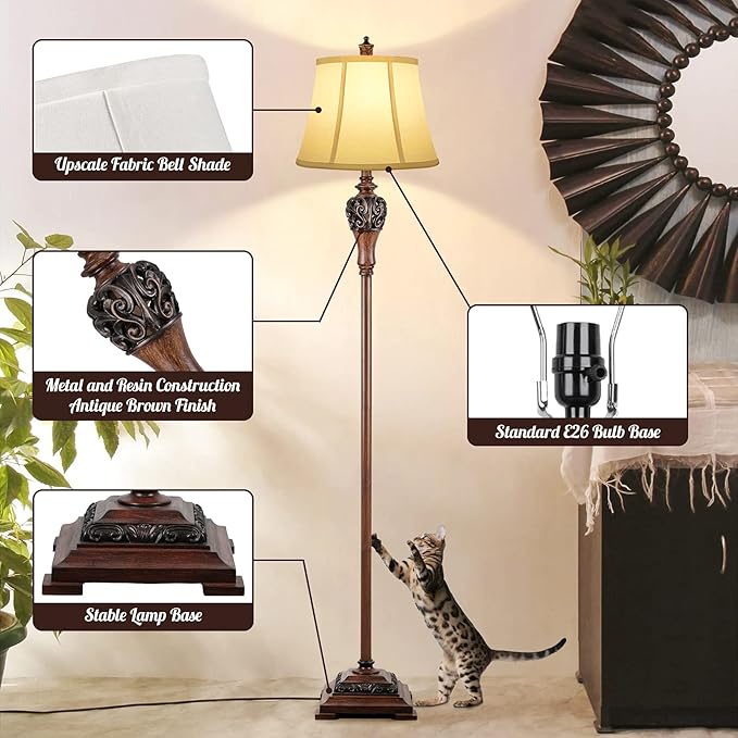 Sucolite Vintage Floor Lamp for Living Room, Traditional Farmhouse Tall Standing Lamp, Mid-Century Antique Pole Lamp for Bedroom Reading with White Fabric Shade, Rustic Bright Lighting Home Decor