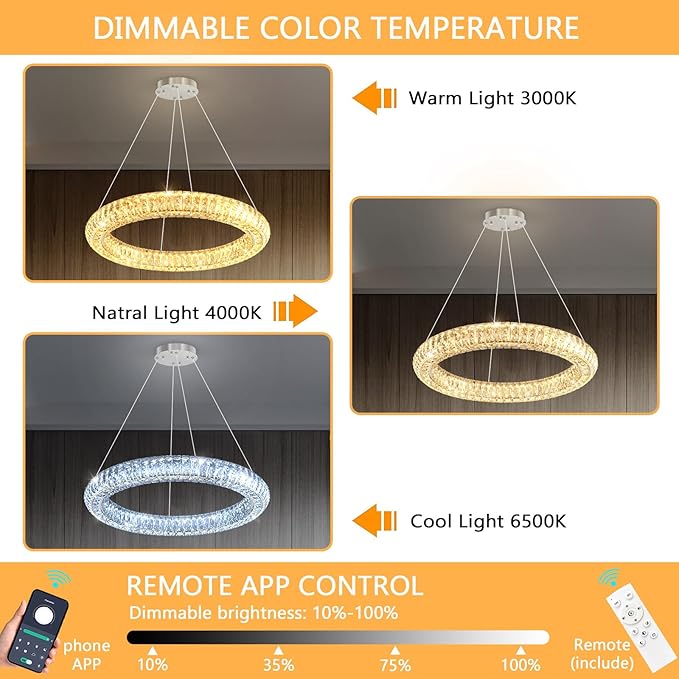 1 Ring Modern Crystal Chandelier Dimmable Ring Pendant Light Round Crystal Chandeliers for Living Room Dining Room Bedroom 23.6'' Silver