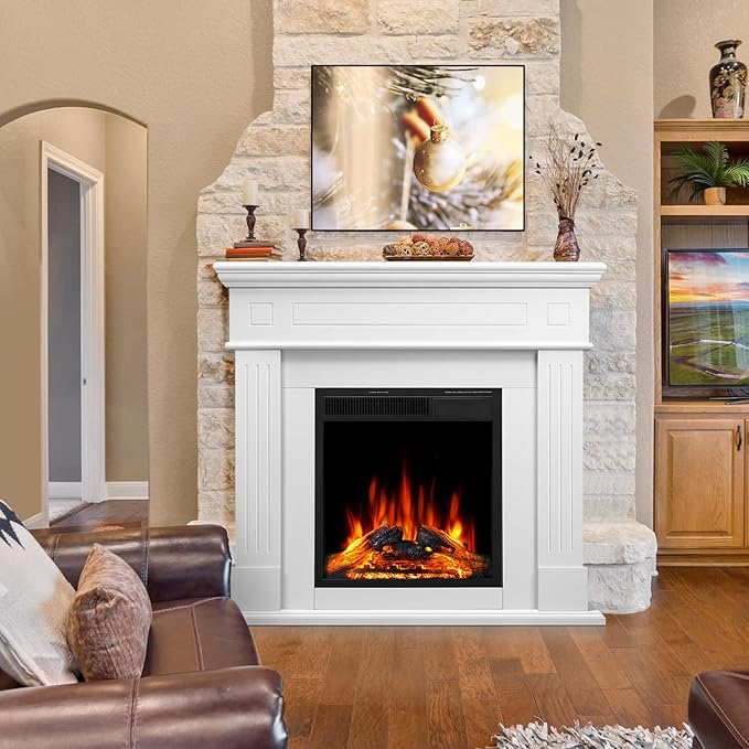 43” Electric Fireplace Mantel Freestanding Electric Fireplace, Remote Control, Adjustable Led Flame, 750W/1500w PEARLWHITE