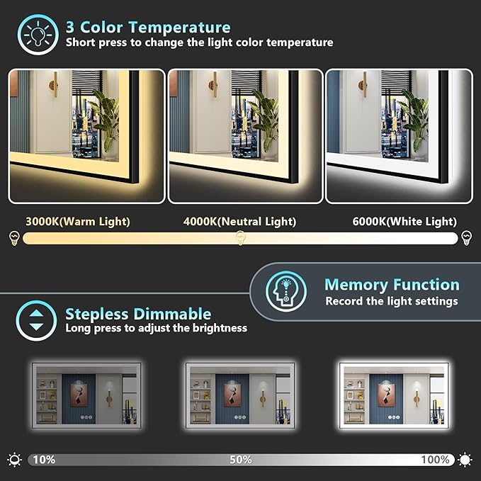 55x36 Black Framed LED Bathroom Mirror with Lights, Backlit + Front Lit, Anti-Fog Lighted Vanity Mirror for Bathroom Wall with 3 Colors, Dimmable, Memory, Shatter-Proof, HD Tempered Glass