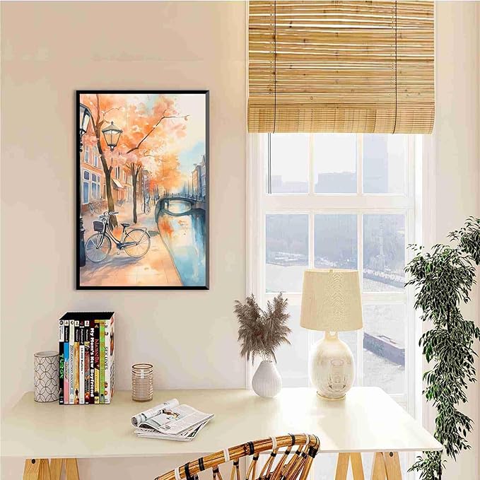 Framed Canvas Prints Amsterdam Canal Bikes Watercolor Painting Netherlands Wall Art Print Amsterdam Cityscape Travel Poster Europe Art Print 20x30in-Black-Metal-Framed