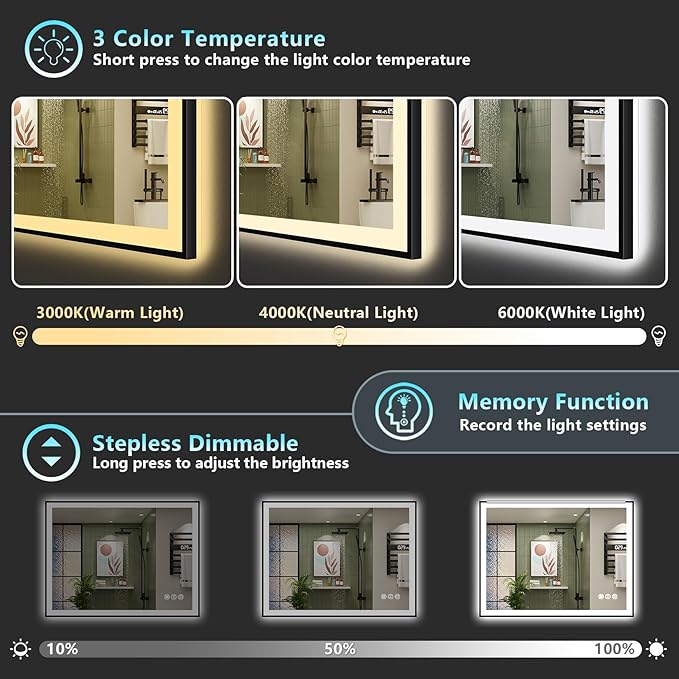 44x30 Black Framed LED Bathroom Mirror with Lights, Backlit + Front Lit, Anti-Fog Lighted Vanity Mirror for Bathroom Wall with 3 Colors, Dimmable, Memory, Tempered Glass, Horizontal/Vertical