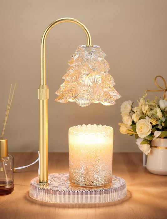 Candle Warmer Lamp with Timer & Dimmer, Crown Glass Lamp Candle Warmer for Jar Candles, 2 Bulbs, Height Adjustable Electric Wax Warmer for Elegant Home Decor (Golden Glow Tree)