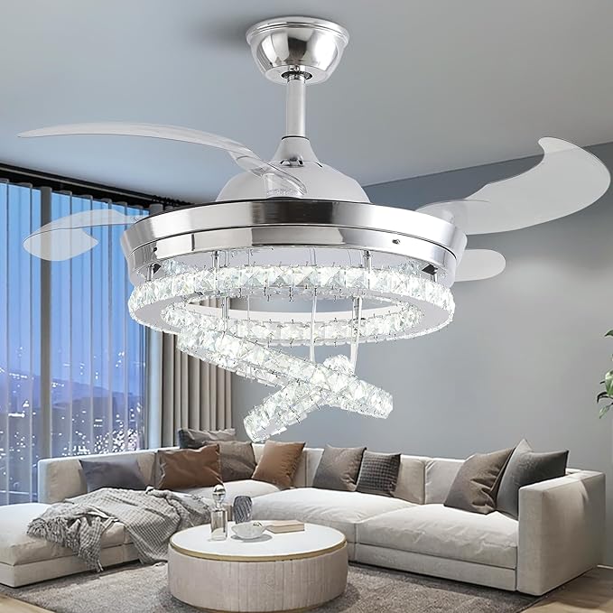 42" Crystal Ceiling Fan with Lights,Modern DIY Crystal Chandelier Ceiling Fan with Remote Control,Invisible Retractable Ceiling Fan for Living Room Bedroom Dining Room (Small Crystal, Silver)