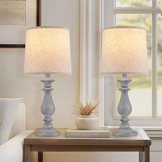 Lamps Set of 2 Vintage Rustic Farmhouse Table Lamps Bedside Reading Lamp Bedroom Nightstand Living Room Teapoy Lamp, Desk Light, 22 Inch High,Light Grey, with Fabric Shade, Bulb Not Included