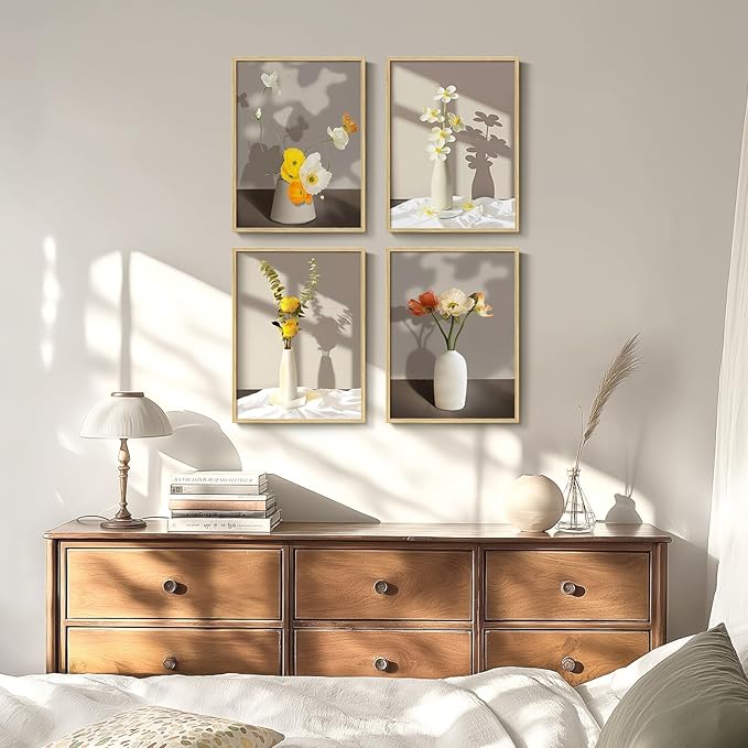 Framed Botanical Wall Art, 4 Piece Yellow Floral Canvas Painting Prints Artwork for Walls, Modern Elegant Flower Pictures for Bedroom Kitchen Hallway Living Room Bathroom Home Decor, 12x16 Inch