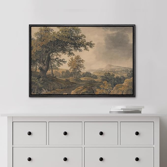 MUDECOR Framed Canvas Print Wall Art Antique Landscape Serene Tree and Mountain Scene Illustrations Realism Decorative Scenic Panoramic Earth for Living Room, Bedroom, Office - 24"x36" Black