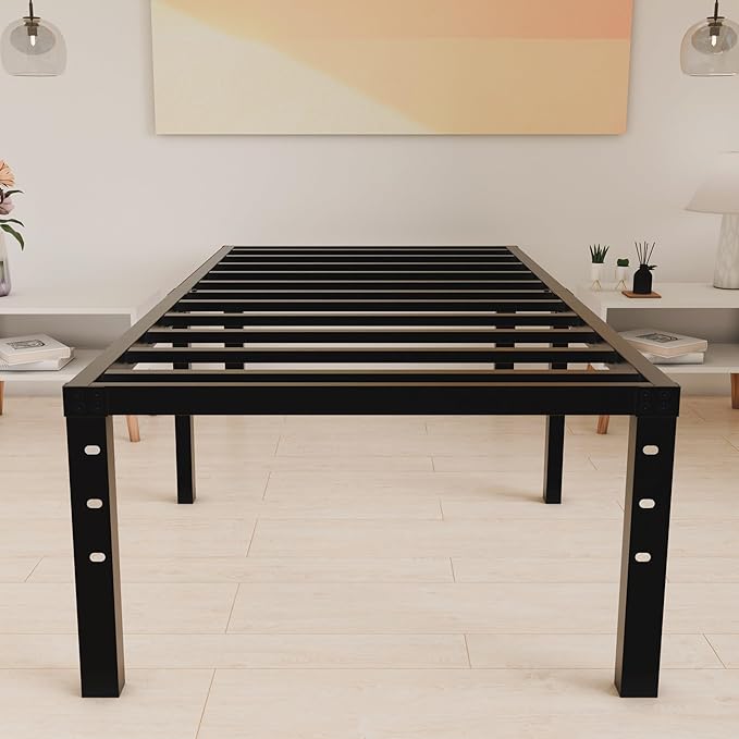 20 Inch Twin Size Bed Frame, No Box Spring Needed, Heavy Duty Black Metal Platform Mattress Foundation with Steel Slats, Non-Slip Noise Free Easy Assembly, Large Storage
