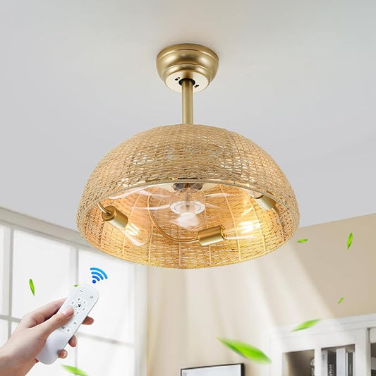 19" Rattan Caged Ceiling Fan with Lights and Remote,4-Light Gold Boho Bamboo Rattan Ceiling Fan with Light Chandelier Reversible Motor,Wicker Chandelier Fan for Bedroom, Living Room