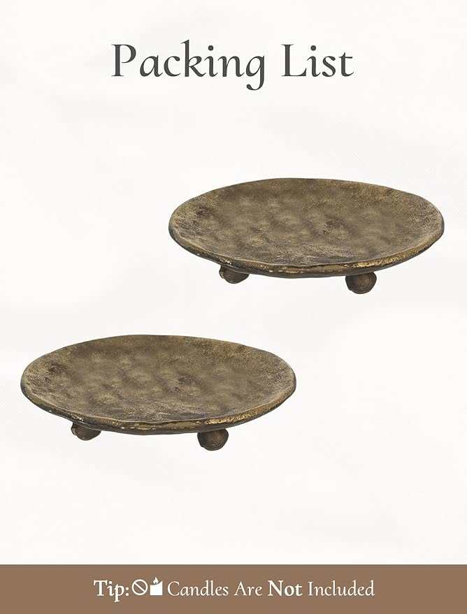 Cast Iron Candle Holder: 4.6 in Pillar Gold Candle Plate Brass Pedestal Stand Vintage Decorative Tray for 3 Wick Jar Candles Tealight Votive for Table Home Christmas Set of 2