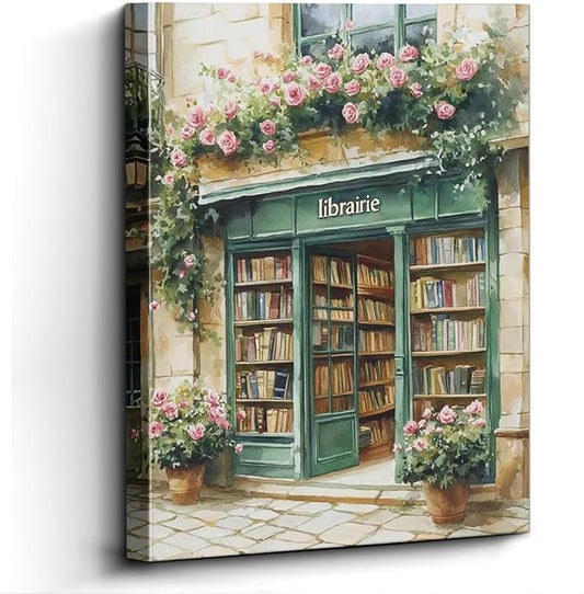 French Bookstore Wall Art, vintage streetscape with green storefront and pink roses, European cottage wall decor, gallery wrapped canvas print, retro art poster, for reading nook gift, 12x16 inch