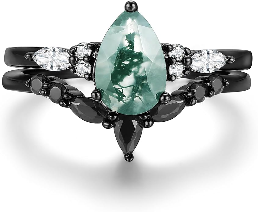 Black Gold Plated Natural Moss Agate Bridal Wedding Ring Sets for Women, 925 Sterling Silver Gothic Vintage Promise Rings and Eternity Black Spinel Band for Her - Boho Art Deco Platinum Plated Engagement Rings Size 4-9
