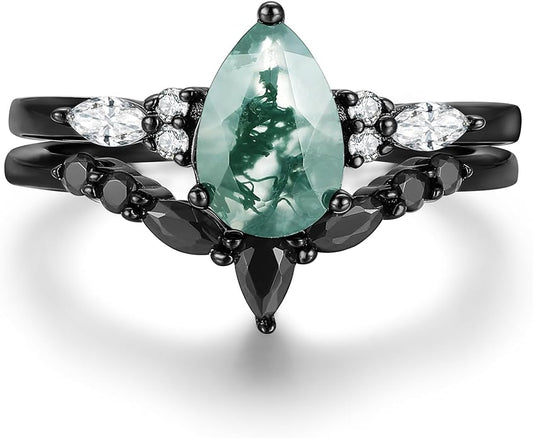 Black Gold Plated Natural Moss Agate Bridal Wedding Ring Sets for Women, 925 Sterling Silver Gothic Vintage Promise Rings and Eternity Black Spinel Band for Her - Boho Art Deco Platinum Plated Engagement Rings Size 4-9