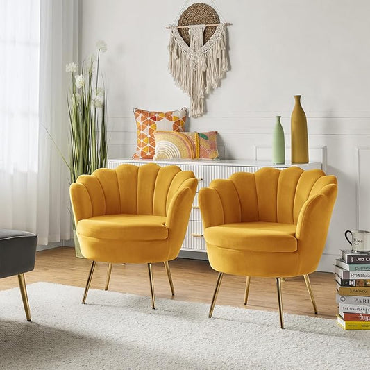 HULALA HOME Velvet Accent Chairs Set of 2 with Shell Shaped Back, Modern Cute Living Room Bedroom Armchairs with Gold Legs, Comfy Upholstered Vanity Chairs for Makeup Room, Mustard