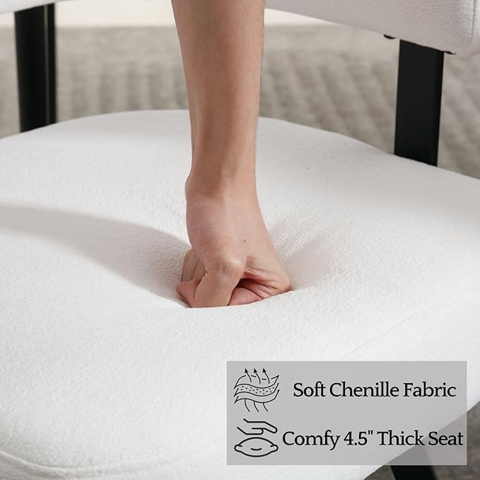 LukeAlon Chenille Dining Chairs Set of 2, Upholstered Armchairs Side Chair with Padded Open Barrel Back Modern Guest Chair with Armrests Black Metal Legs for Kitchen Dining Room, White