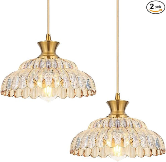 Amber Glass Pendant Lights, 2Pack Brushed Gold Lighting 11.8" Glass Light Fixtures Modern Glass Chandelier Vintage Hanging Ceiling for Kitchen Island Dining Room Restaurant Bedroom Foyer