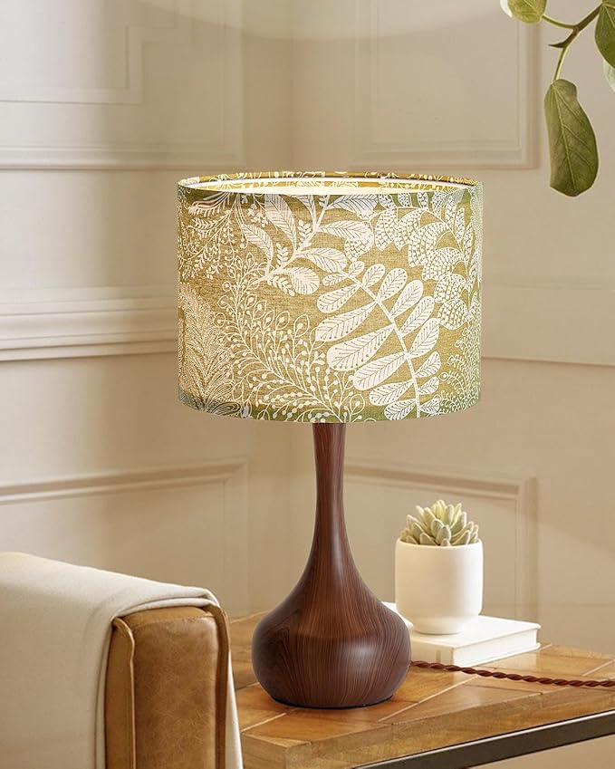 Bedside Nightstand Table Lamp for Bedroom, Vintage Boho Farmhouse Decorative Table Lamp for Living Room with Green Fabric Shade Red Wood Pattern, Desk Lamp for Home Office