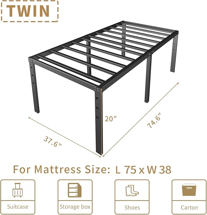 20 Inch Twin Size Bed Frame, No Box Spring Needed, Heavy Duty Black Metal Platform Mattress Foundation with Steel Slats, Non-Slip Noise Free Easy Assembly, Large Storage
