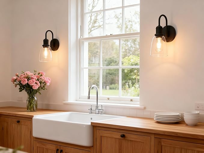 1-Light Vintage Wall Sconce, Yosoan Black Industrial Fixture Light with Elegant Gooseneck Curved Rod, Indoor Clear Glass Shade Wall Lamp Lighting for Bathroom Porch Kitchen Living Room Restaurant