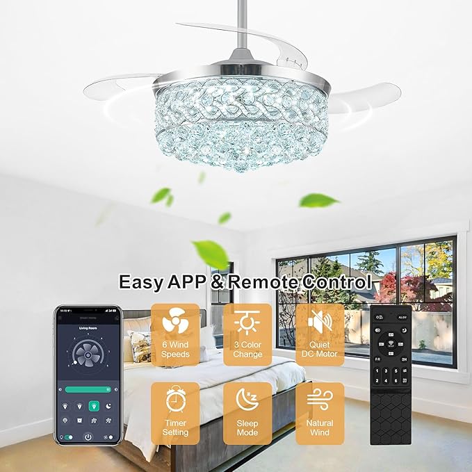48“ Crystal Fandelier Ceiling Fan with Light, Retractable Ceiling Fans Chandelier Fan with Retractable Blades LED Dimmable Crystal Ceiling Fan Chandelier Fans for Bedroom Living Room-Chrome