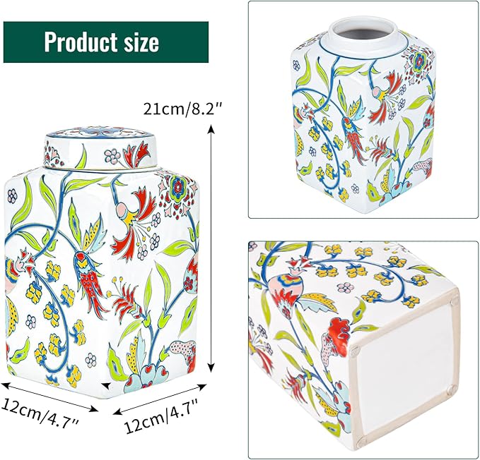 Sungmor Decorative Ceramic Ginger Jar with Lid, Square Ceramic Storage Jar Tea Canister, 8.2" Hand Painted Floral Pattern Porcelain Vase for Table Centerpiece, White Glazed Ginger Jar for Home Decor