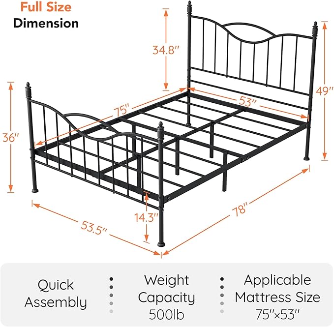 Full Size Bed Frame with Headboard,14 Inch Tall Metal Platform Bed Frame Mattress Foundation with Footboard, Under Bed Storage, Strong Metal Slats Support, No Box Spring Needed, Black