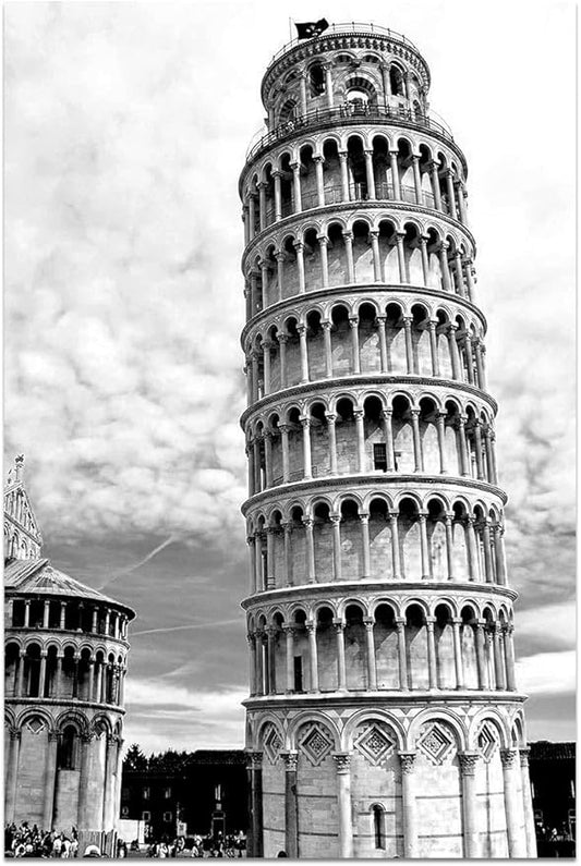 Black and White Building Wall Art, European Famous Architecture Leaning Tower of Pisa Canvas Pictures Paintings Giclee Printing Aesthetic Room for Bedroom Living Room Wall Decor Frameless 24x36in