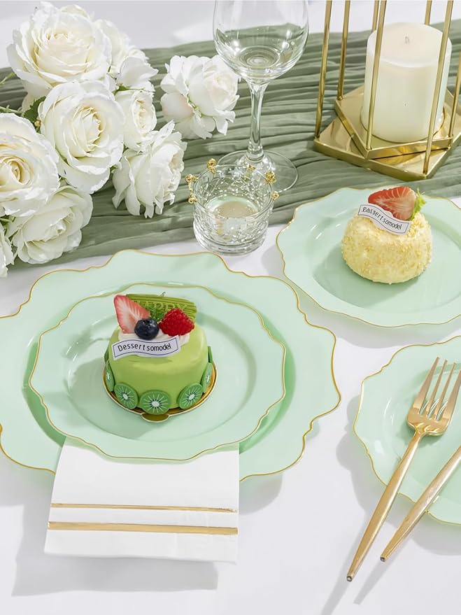WDF 175Pcs Sage Green Plastic Plates With Gold Rim - Disposable Sage Green Plates 25guest Disposable Dinnerware Ideal for Party/Wedding/Spring Party