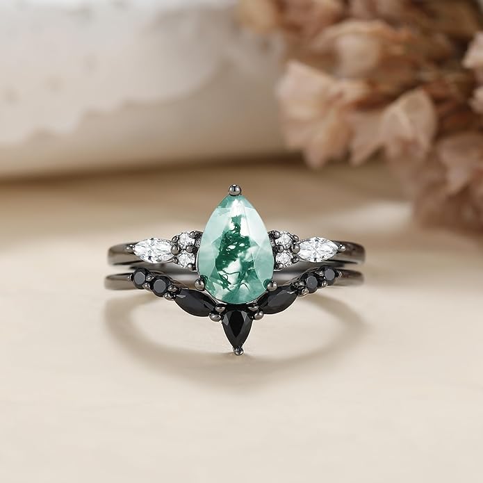Black Gold Plated Natural Moss Agate Bridal Wedding Ring Sets for Women, 925 Sterling Silver Gothic Vintage Promise Rings and Eternity Black Spinel Band for Her - Boho Art Deco Platinum Plated Engagement Rings Size 4-9