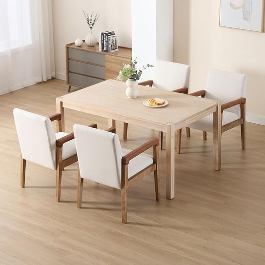 Mid Century Modern Dining Chairs Set of 4 Linen Fabric Upholstered Kitchen Chairs Comfy Accent Side Chairs with Solid Wood Frame Armchair for Living Room, Ivory